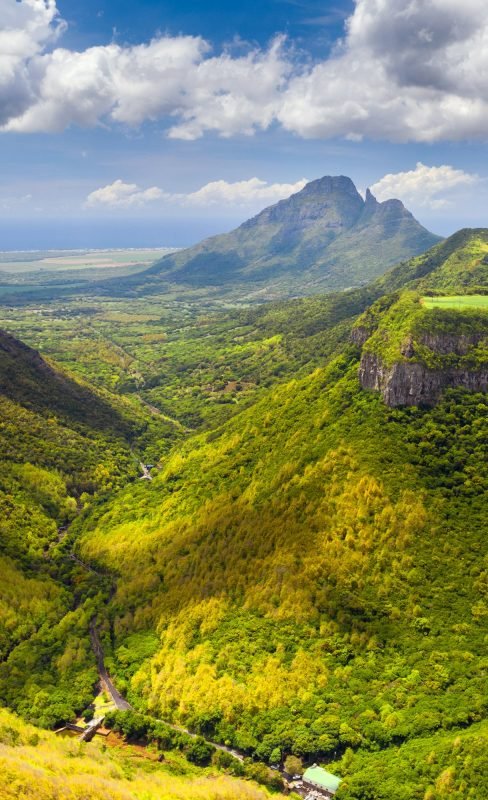 Mountain Landscape of the gorge on the island of Mauritius, Green mountains of the jungle of
